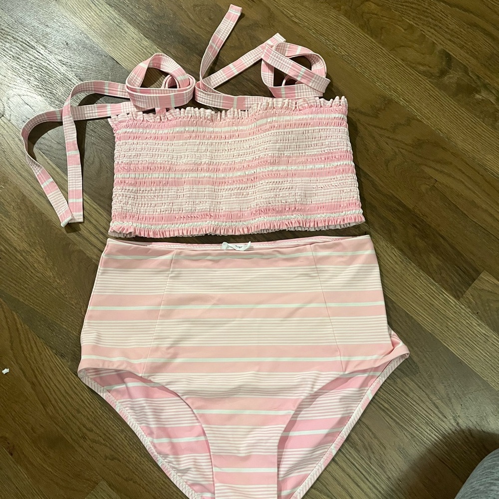 Minnow Pink White Striped Bikini Set Medium Top Large Bottom Tie Straps